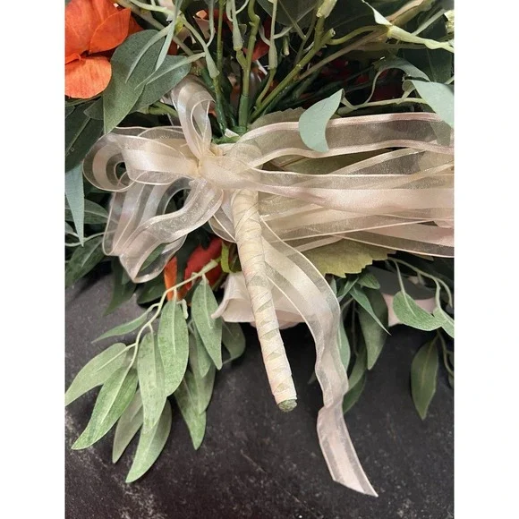 Large Silk Wedding Bouquet Orange Ivory Roses Cascade Bridal Flowers 23" x 18" - Picture 7 of 8